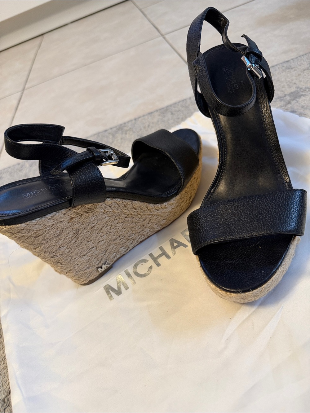 Michael Kors Black Leather Espadrille Wedge Sandals with Rope Platform